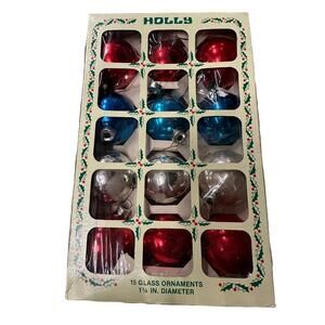 Set Of 15 Holly Mercury Glass Ornaments Globe In Orig Box Red White Blue